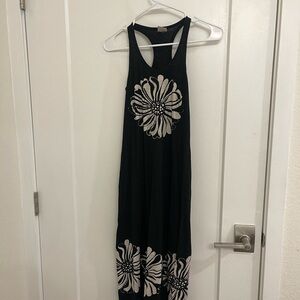 Vintage Y2K Fairycore Yoga Black Racerback Midi Dress with Cream Floral Print